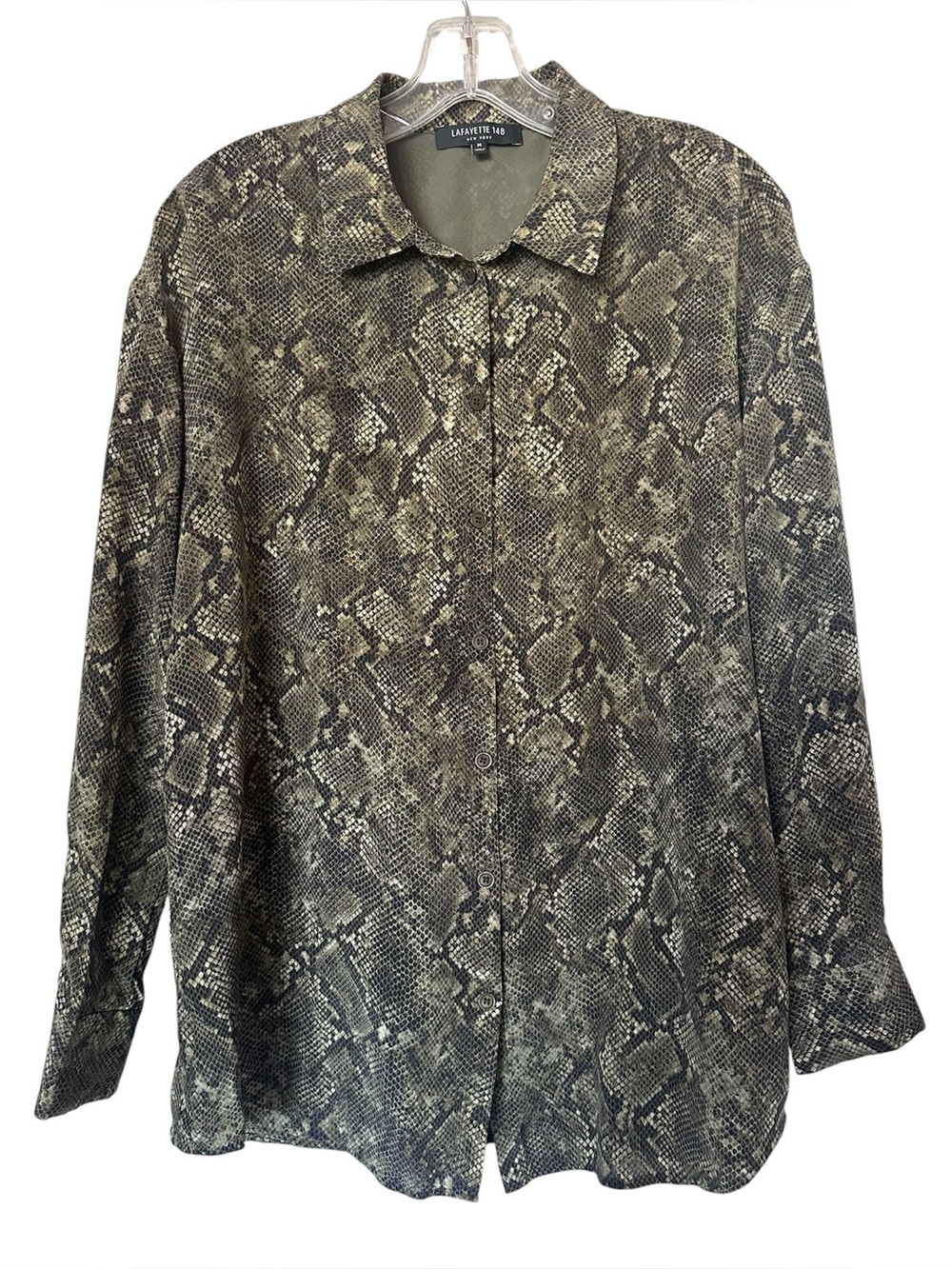 Lafayette 148 100% Silk Snake Print Blouse Button Front Shirt Quiet Luxury Top M